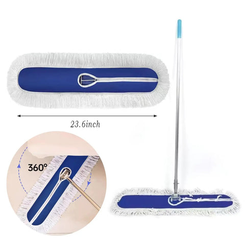 Two Piece 22 Inch Cotton Dust Mop Head Refill Heavy Duty Dry Mop Pads For Hardwood Tile And Laminate Floors Compatible With Standard Frames, 23.6 inch blue mop head with fringed edges.