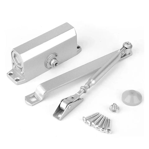 Overhead Door Closer With Hold Open Feature Adjustable 25 To 35 Kg Capacity Heavy Duty Aluminum Mount in silver finish