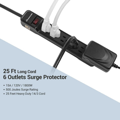 25 Ft Power Strip Surge Protector With 6 Outlets And Low Profile Flat Plug Heavy Duty 15 Amp Circuit Breaker 500 Joules Wall Mount Ready UL Listed For Home Entertainment And Office Setups Tangle Free, black 25 ft cord