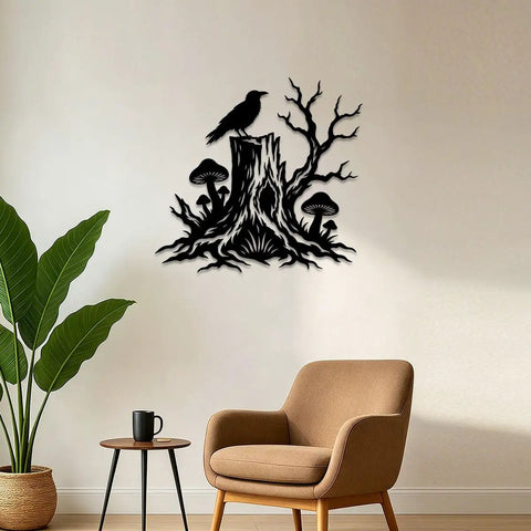 Rustic Black Raven On Tree Stump Hollow Metal Wall Art Sign Durable Cutout Home Decor For Chill Cabin Vibes Totally Sleek Powder Coating Rock Solid Steel Frame
