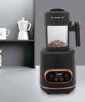 Electric Coffee Bean Roaster Machine With Programmable Temperature Settings Led Display And Measuring Cup For Fresh Home Roasting That Hits Different Every Single Time on a kitchen shelf.
