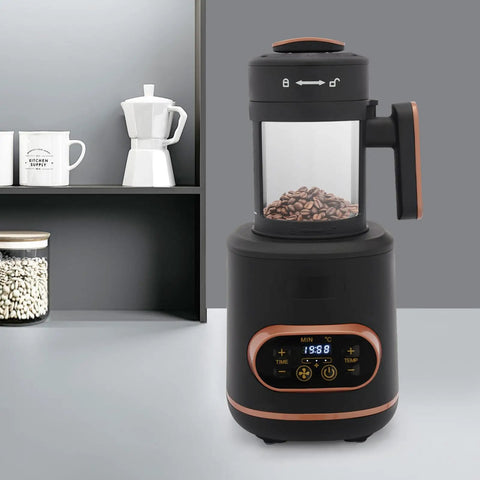 Electric Coffee Bean Roaster Machine With Programmable Temperature Settings Led Display And Measuring Cup For Fresh Home Roasting That Hits Different Every Single Time on a kitchen shelf.
