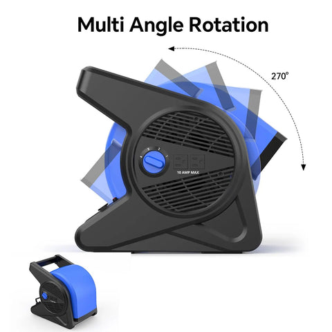 15 Inch Pivoting Blower Fan With 375 CFM Airflow, showing 270-degree rotation feature, ideal for home, office, garage, gym, and workshop drying