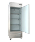 Heavy Duty Commercial Reach In Freezer 29 Inch Single Door Stainless Steel Cabinet with open door and adjustable shelves.