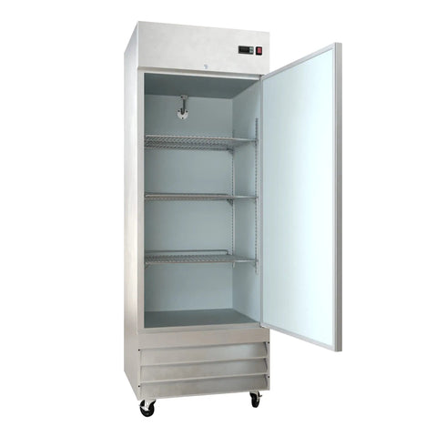 Heavy Duty Commercial Reach In Freezer 29 Inch Single Door Stainless Steel Cabinet with open door and adjustable shelves.