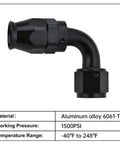10AN PTFE Hose End Fitting 90 Degree Black For PTFE Fuel Line Only Aluminum 6061 7/8-14UNF Threads 1500 PSI Temperature Range