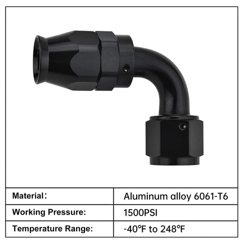 10AN PTFE Hose End Fitting 90 Degree Black For PTFE Fuel Line Only Aluminum 6061 7/8-14UNF Threads 1500 PSI Temperature Range