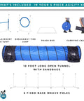 Backyard Dog Agility Set With 5 Piece Kit Featuring Bar Jump With Cup Strips Breakaway Tire Jump Weave Poles 10 Foot Tunnel