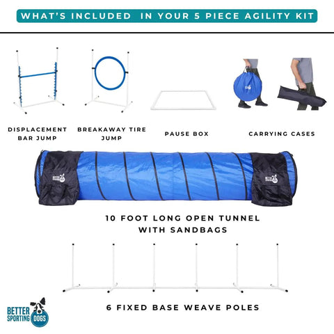 Backyard Dog Agility Set With 5 Piece Kit Featuring Bar Jump With Cup Strips Breakaway Tire Jump Weave Poles 10 Foot Tunnel