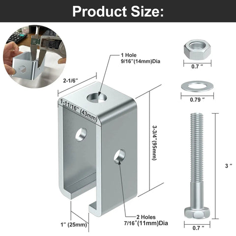 Product size diagram for 8 Pack Beefy Heavy Duty Steel Trolley Track Hanger Brackets For 1-5/8 Inch Strut Channel Universal Mounts