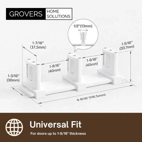 Sliding Closet Door Floor Roller Guide With Adjustable Width Three-Roller System For Bypass Doors, Easy Install, White Finish, Durable Track Support For Smooth, Centered Door Movement, showing dimensions.