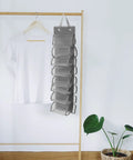 Heavy Duty Hanging Closet Organizer And Dual Purpose Door Panel Rack For Leggings Pants Towels And Sneakers With Secure Fabric Hooks, grey fabric with multiple pouches.
