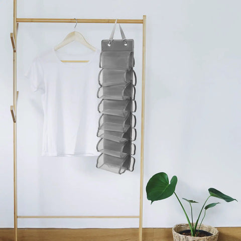 Heavy Duty Hanging Closet Organizer And Dual Purpose Door Panel Rack For Leggings Pants Towels And Sneakers With Secure Fabric Hooks, grey fabric with multiple pouches.