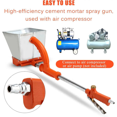 Knock Out Wall Plaster And Stucco Projects Swiftly With This Portable Pneumatic Mortar Sprayer showing the gun with air compressor connection.
