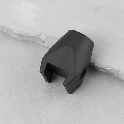 One Pack Rock Solid Conveyor Guide Rail Rod End Clamp No Sweat Swapping Fits 1/2 And 5/8 Inch Rods Compatible With Valu Guide Replaces VG-020-01 black nylon clamp on gray background