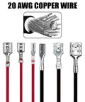 Thirty Piece Pack Female Speaker Wire Connectors With Pre Wired 18 Awg Red And Black Cables Nylon Sleeve Spade Terminals Built For Car Audio Mods Or Quick DIY Hook Ups Easy Plug In Setup, featuring red and black wires with spade connectors.