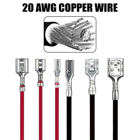Thirty Piece Pack Female Speaker Wire Connectors With Pre Wired 18 Awg Red And Black Cables Nylon Sleeve Spade Terminals Built For Car Audio Mods Or Quick DIY Hook Ups Easy Plug In Setup, featuring red and black wires with spade connectors.