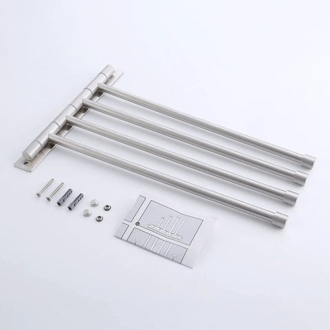 Super Sturdy Heavy Duty Swing Out Swivel Towel Rack For Bathroom With Four Arms Holds Multiple Towels Space Saving Wall Mount Brushed Stainless Steel Construction and mounting set