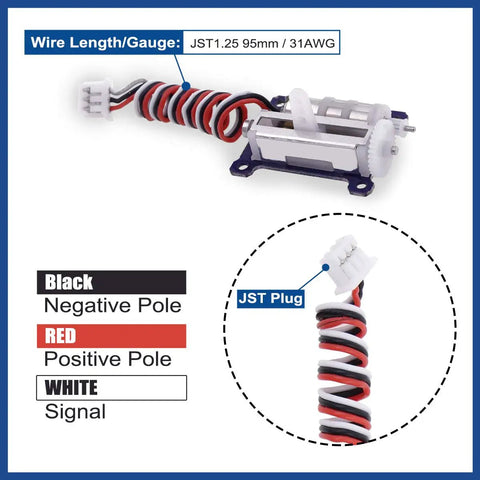 Lightweight 1.5g Micro Linear Servo For RC Planes Ultra Micro Aircraft 9mm Stroke High Torque 240g-cm At 6V Fast 0.012s Per 1mm For 1/18 To 1/24 Models Pack Of 2 With JST Connectors, showing wire and plug detail