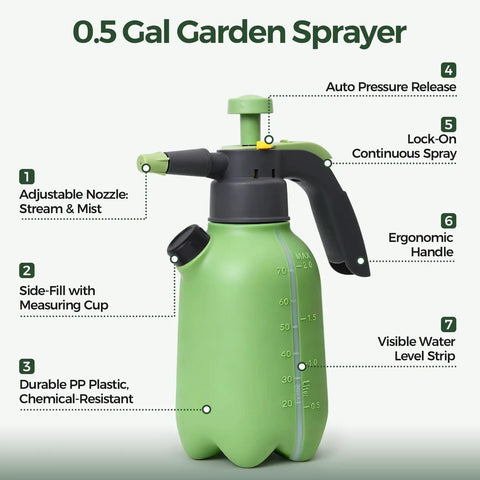 Green Half Gallon Hand Pump Sprayer For Home Garden Chores And Household Care With Easy Side Fill Port Built In Measuring Cup Adjustable Nozzle