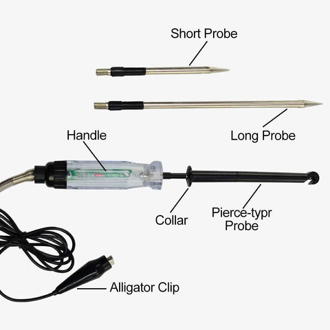 Automotive Wire Piercing DC Voltage Circuit Tester For 6V 12V Systems With 59 Inch Cord Three Interchangeable Probes For Touch Or Pierce Testing LED And Buzzer Indicator For Quick Wiring Checks. Short and long probe set with alligator clip