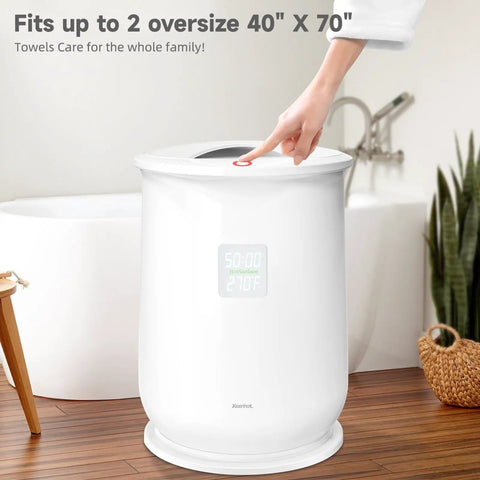 Person using Hot Towel Warmer Bucket For Home Spa Vibe Portable Unit With Auto Shut Off Fits Two 40x70 Towels LED Display