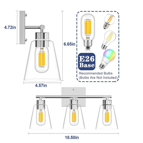 Chrome Three Light Vanity Light Fixture With Clear Glass Shades For Over Mirror, E26 Base, 60W Max, Wall Sconce For Bathroom, Bedroom Or Hallway, Farmhouse Style, Upward Or Downward Install, Sturdy Metal Frame