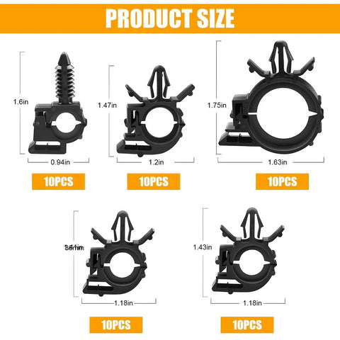 60 Piece All In One Car Wire Loom Harness Routing Clips Kit 6 Size Assortment Releasable Push Mount Tie Wraps And Wiring Retainers Durable Nylon Universal Clips For Vehicle Boat Trailer UTV And More showing product size dimensions and quantity.