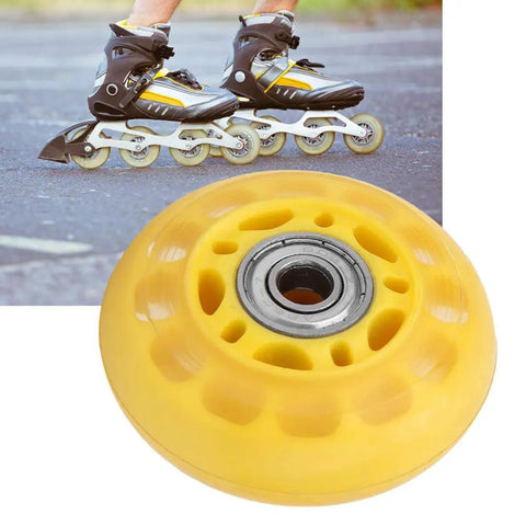 Transparent Yellow PU Casters Wheel For Luggage Carts 64mm Durable Travel Accessory with bearings in close-up view.