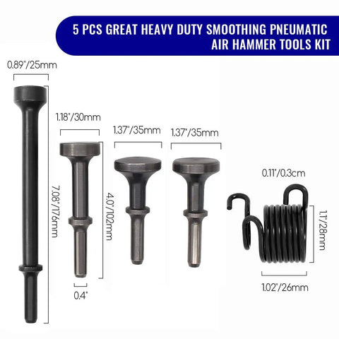 Pro Grade Smoothing Air Hammer Bits Kit - 5 Pc Pneumatic Chisel Set with dimensions and spring, alloy steel construction.