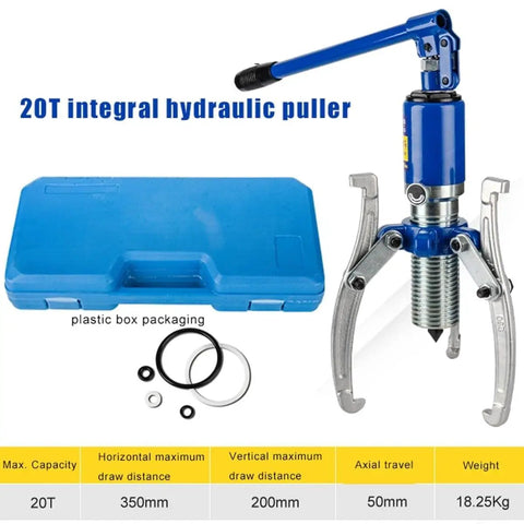 Heavy Duty Hydraulic Gear Puller Serving Up Hella Gripping Power For Tough Bearing Extraction And Quick Garage Fixes With Adjustable Three Jaw Chucks And Universal Cassette Socket Set in blue packaging with tools.