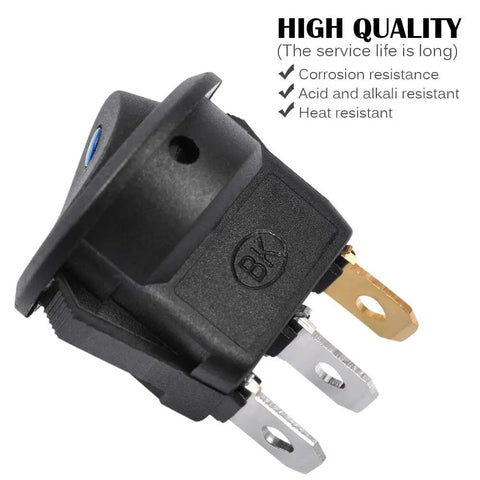 Close-up of a Three Pack 12V DC 20A blue round rocker toggle switch with bright blue LED indicator, highlighting durability features.