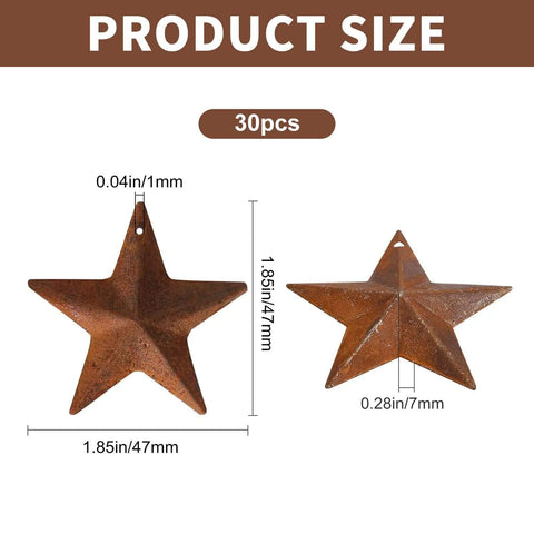 Rusty Barn Star Set Thirty Pieces Two Inch Metal Stars For Crafts with size dimensions for DIY farmhouse decor projects