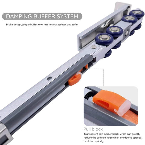 Close-up of the damping buffer system in the Soft Close Barn Door Slide Hardware Set With 59 Inch Track, Heavy Duty Pocket Door Kit