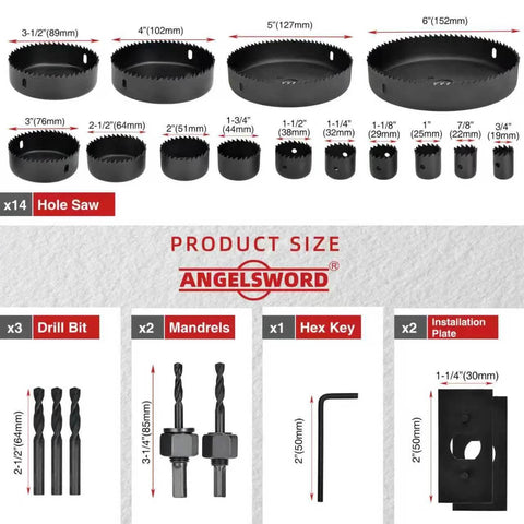 ANGELSWORD hole saw set 24 pcs with blades, mandrels, hex key and plates; front view shows 3/4"-6" sizes for drywall, wood, plastic