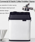 Automatic Espresso Puck Knock Box 58mm Filter Basket Cleaner with Fast Spinning Brush in use, showcasing its wall-mounted design.