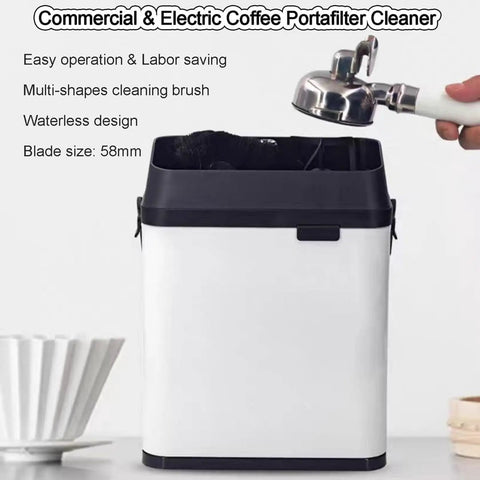 Automatic Espresso Puck Knock Box 58mm Filter Basket Cleaner with Fast Spinning Brush in use, showcasing its wall-mounted design.