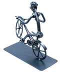 Handmade Bike Themed Desk Statue For Men Nut And Bolt Biking Figurine Metal Welding Sculpture front view on desk surface
