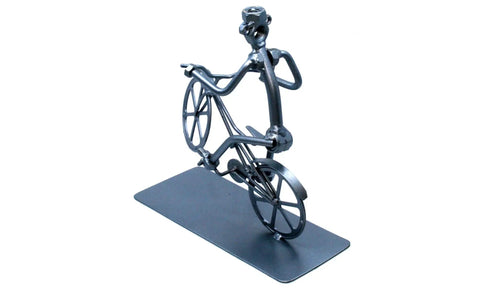 Handmade Bike Themed Desk Statue For Men Nut And Bolt Biking Figurine Metal Welding Sculpture front view on desk surface