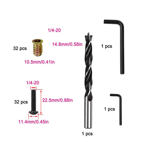 Woodworking Furniture Fastener Kit With 32 Wood Inserts And 32 1/4-20 Bolts Three Point Twist Drill And Two Wrenches