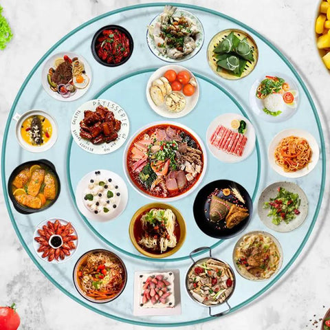 Super Smooth Tempered Glass Lazy Susan For Dining Table 360 Degrees Turntable displaying diverse dishes around a large round tray.
