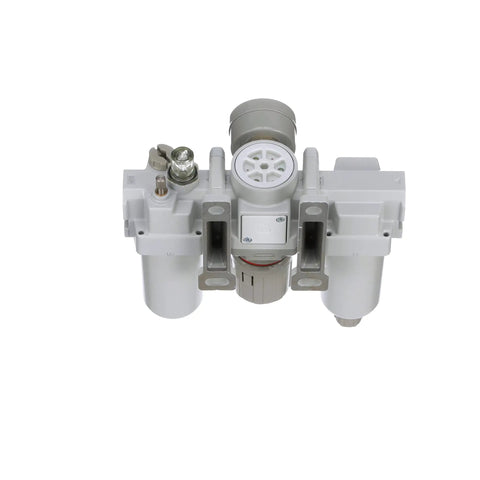 Front view of All-In-One Pneumatic Air Filter Regulator Lubricator Combo With Three-Eighths Inch NPT, Metal Bowl, Sight Glass, and Gauge