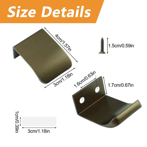 Six Pack Finger Edge Pulls Self Adhesive Concealed Cabinet Handles, size details, 30mm antique bronze, space aluminum build