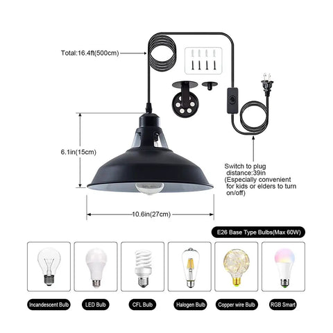 Plug In Industrial Pulley Pendant Light With E26 Socket And 16 Foot 4 Inch Cord On Off Switch Vintage Hanging Fixture diagram