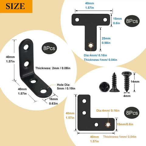 24 Pack Black Stainless Steel L Brackets And Corner Braces Kit With 88 Screws dimensions and details for DIY projects.