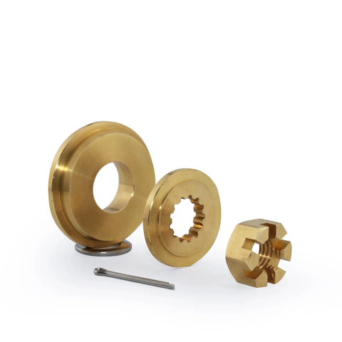 Outboard Propeller Installation Hardware Kit For 40 To 140 HP Engines includes brass thrust washer, nut, cotter pin displayed.