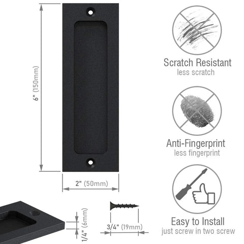 6 Inch Finger Flush Pull for Closet Pocket Doors and Sliding Barn Doors, Matte Black, Scratch Resistant, Anti-Fingerprint, Easy Installation