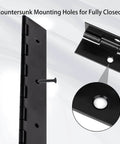 Close-up of Heavy Duty Piano Hinge Set 2 Pieces 8 Inch Black Stainless Steel 0.05 Inch Thick with counter-sunk holes and screw