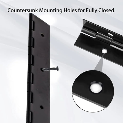 Two Pack Heavy Duty Piano Hinges 18 Inch Black Stainless Steel Continuous Hinges With 0.05 Inch Thickness and countersunk holes