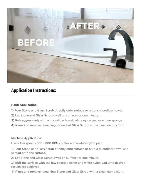 Bathroom showing before and after effects of Hard Water Stain Remover For Glass And Stone Surfaces No Fuss Deep Cleaning Scrub.